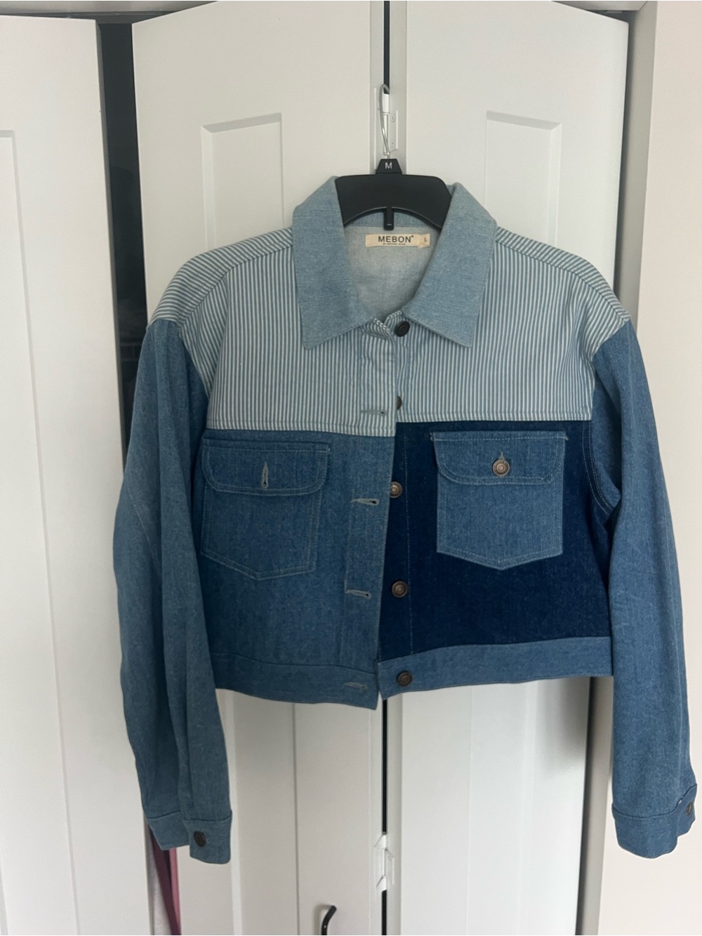 Mebon Patchwork Blue Denim Cropped Jacket